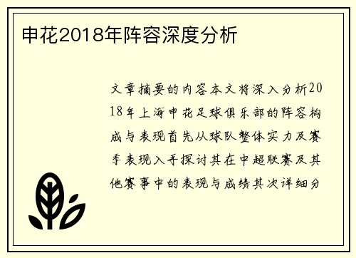 申花2018年阵容深度分析